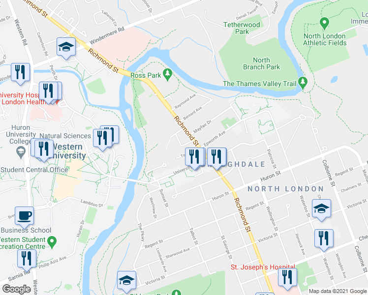 map of restaurants, bars, coffee shops, grocery stores, and more near 3 Parkdale Crescent in London