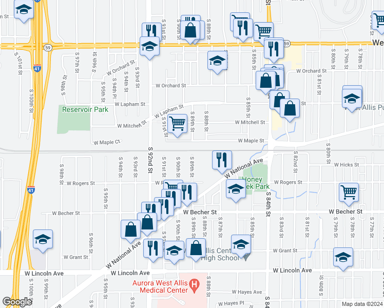 map of restaurants, bars, coffee shops, grocery stores, and more near South 89th Street in West Allis