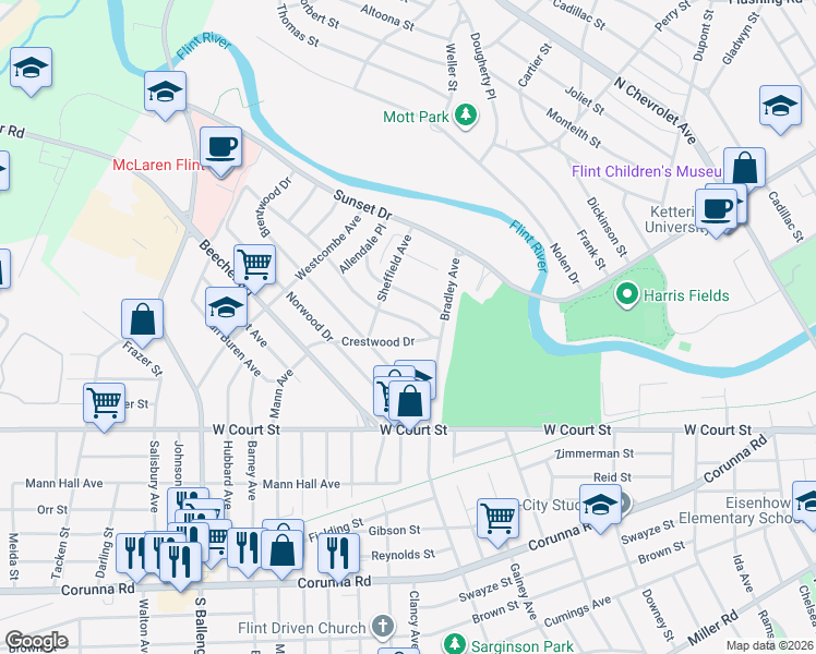 map of restaurants, bars, coffee shops, grocery stores, and more near 2714 Crestwood Drive in Flint