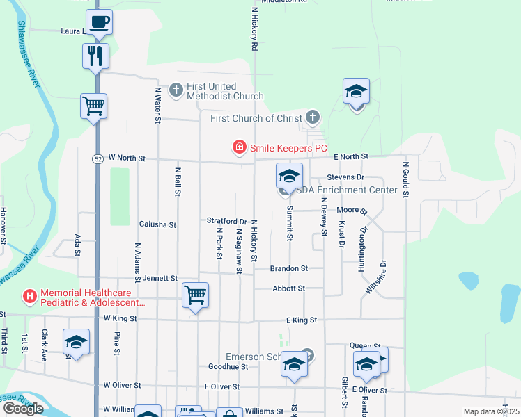 map of restaurants, bars, coffee shops, grocery stores, and more near 1107 Dingwall Drive in Owosso