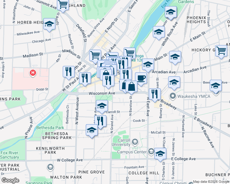 map of restaurants, bars, coffee shops, grocery stores, and more near 704 North Grand Avenue in Waukesha