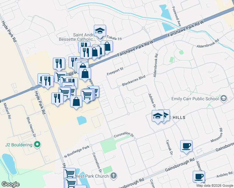 map of restaurants, bars, coffee shops, grocery stores, and more near 731 Springwood Crescent in London
