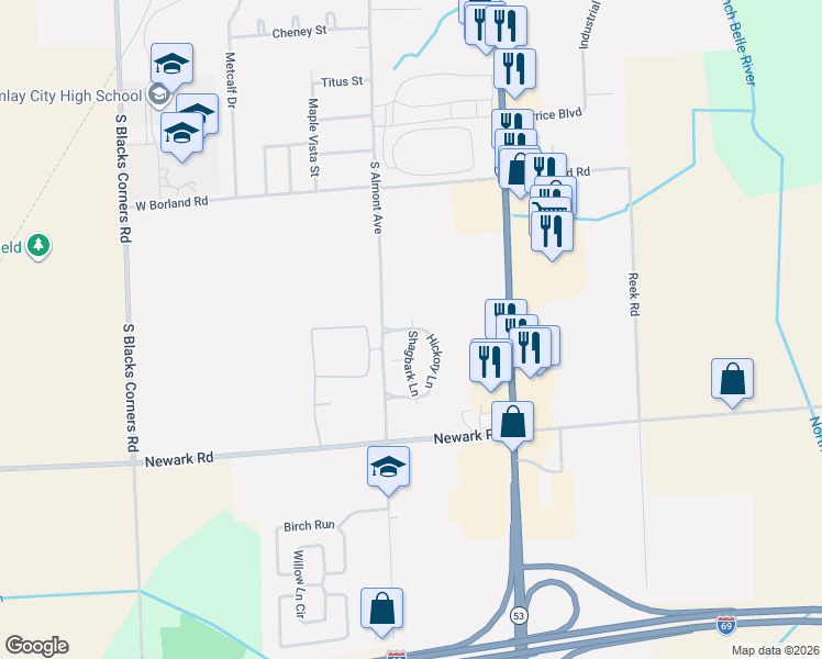 map of restaurants, bars, coffee shops, grocery stores, and more near 1882 Hickory Ln in Imlay City