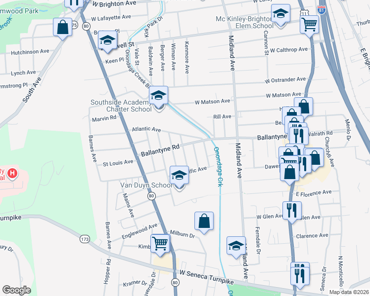 map of restaurants, bars, coffee shops, grocery stores, and more near 223 Girard Avenue in Syracuse