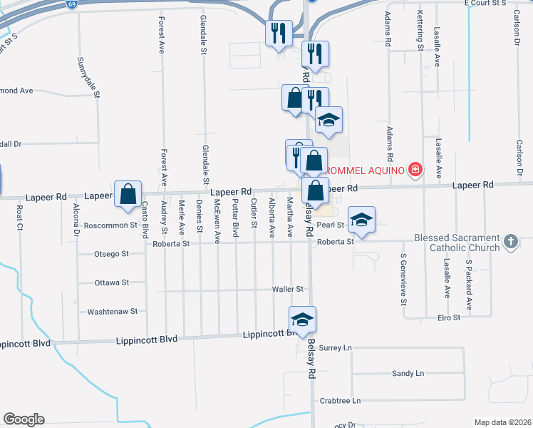 map of restaurants, bars, coffee shops, grocery stores, and more near 1353 Cutler Street in Burton