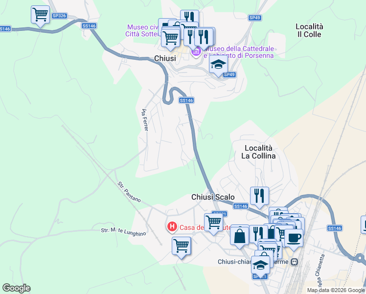 map of restaurants, bars, coffee shops, grocery stores, and more near 16 Piazzale Lumumba in Chiusi