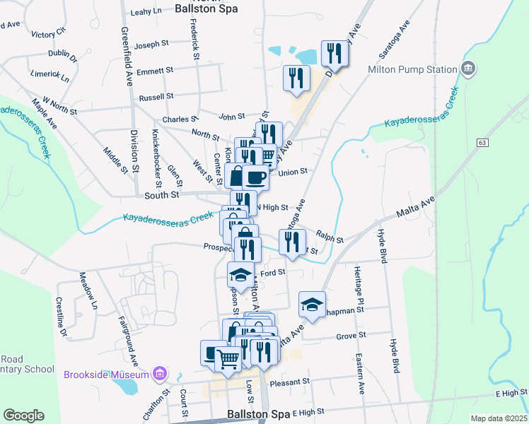 map of restaurants, bars, coffee shops, grocery stores, and more near 34 North High Street in Ballston Spa