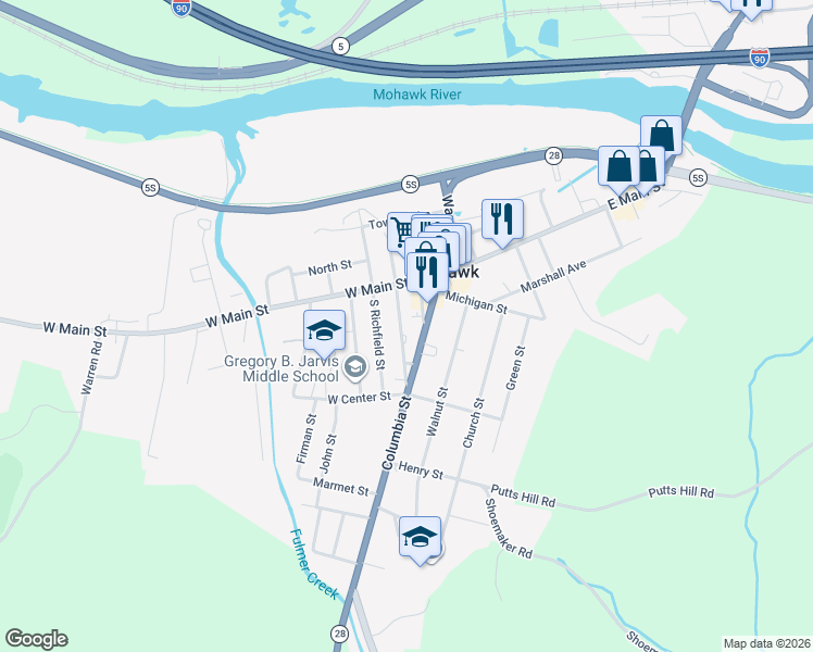 map of restaurants, bars, coffee shops, grocery stores, and more near 20 South Washington Street in Mohawk