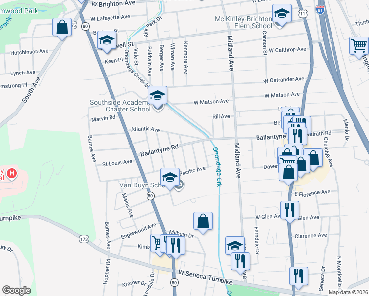 map of restaurants, bars, coffee shops, grocery stores, and more near 223 Girard Avenue in Syracuse