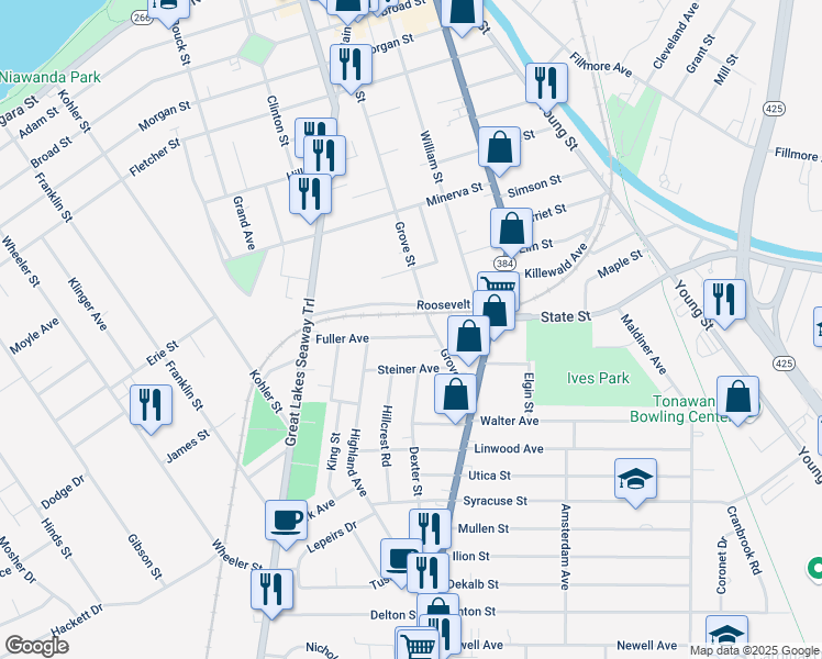 map of restaurants, bars, coffee shops, grocery stores, and more near 23 Fuller Avenue in Tonawanda