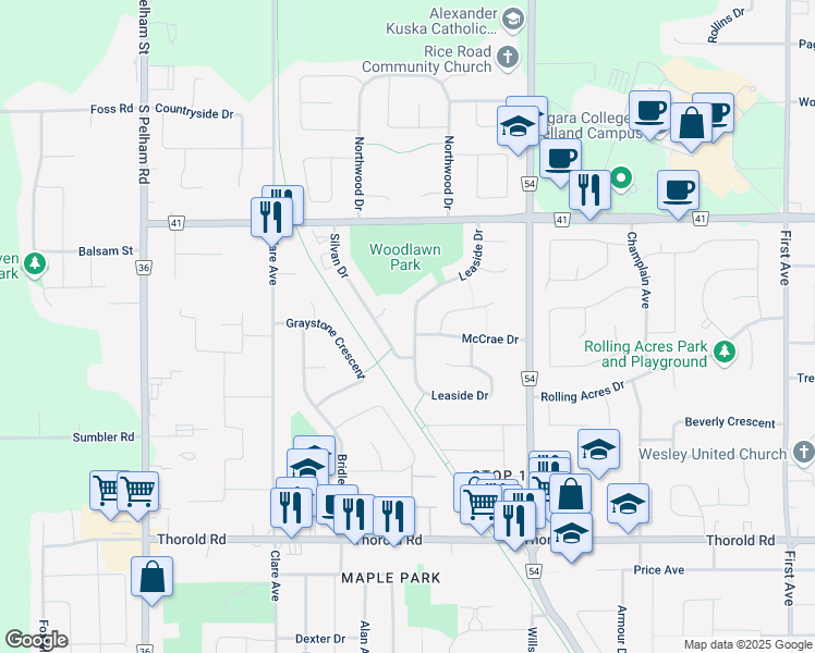 map of restaurants, bars, coffee shops, grocery stores, and more near in Welland