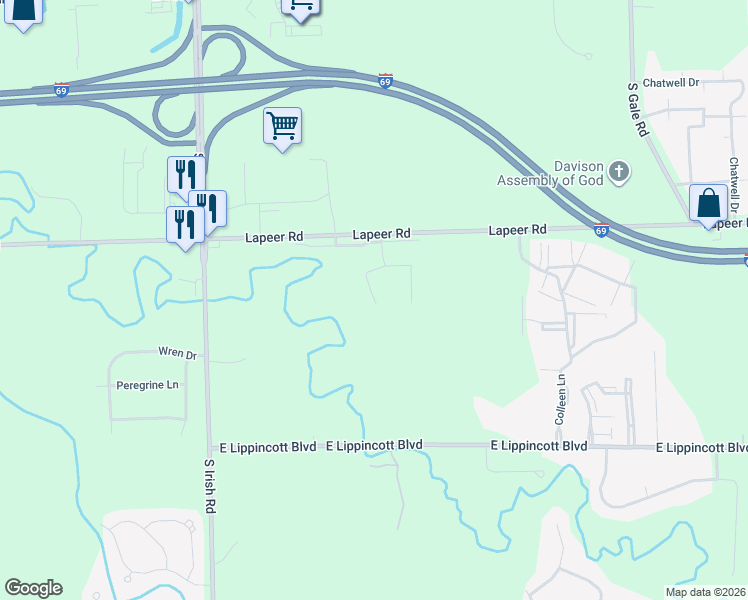 map of restaurants, bars, coffee shops, grocery stores, and more near 8209 Kearsley Creek Drive in Davison
