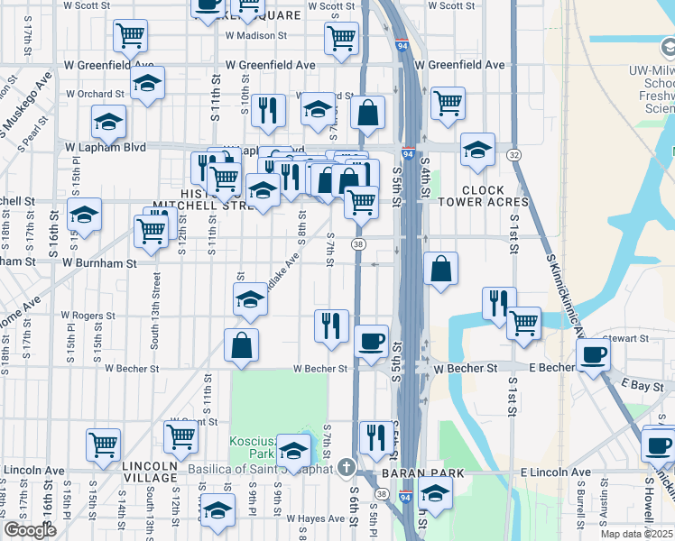 map of restaurants, bars, coffee shops, grocery stores, and more near 1926 South 7th Street in Milwaukee