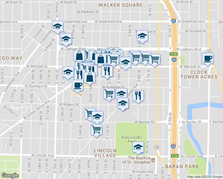 map of restaurants, bars, coffee shops, grocery stores, and more near 1930 South 11th Street in Milwaukee