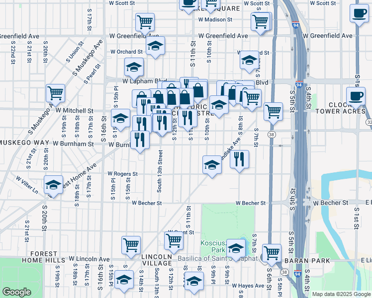 map of restaurants, bars, coffee shops, grocery stores, and more near 1930 South 11th Street in Milwaukee