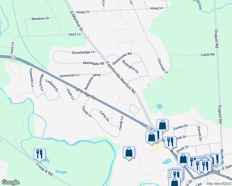 map of restaurants, bars, coffee shops, grocery stores, and more near 105 Left Field Course in Manlius