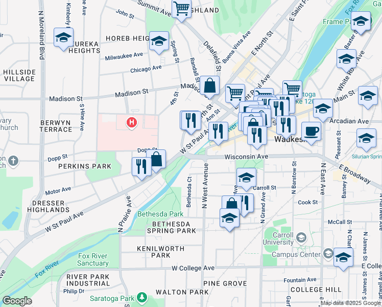 map of restaurants, bars, coffee shops, grocery stores, and more near 331 Mill Reserve Drive in Waukesha