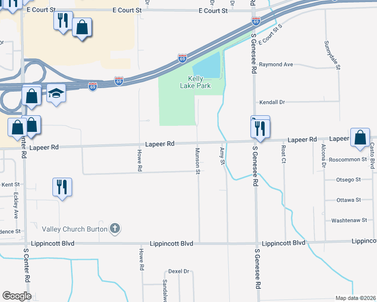 map of restaurants, bars, coffee shops, grocery stores, and more near 1350 Munson Street in Burton