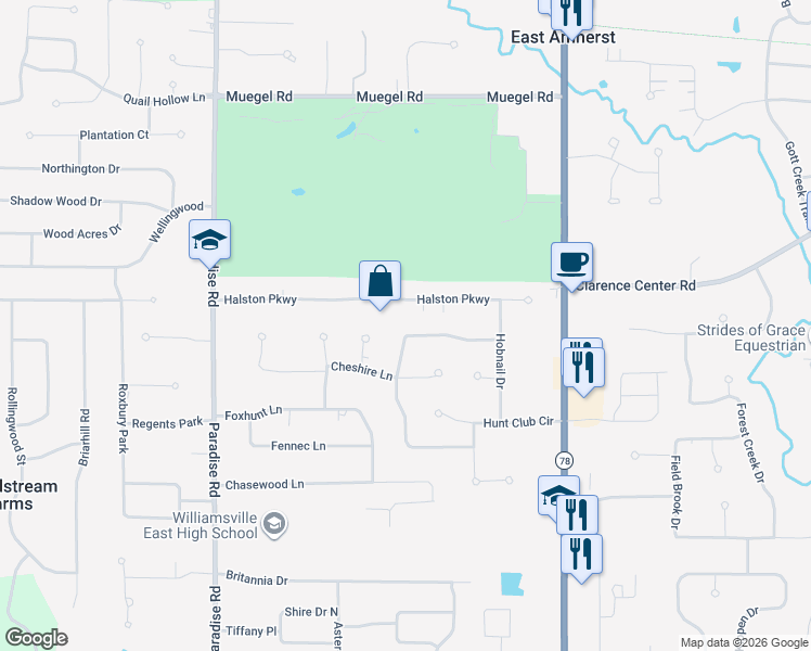 map of restaurants, bars, coffee shops, grocery stores, and more near 60 Valley Brook Lane in East Amherst