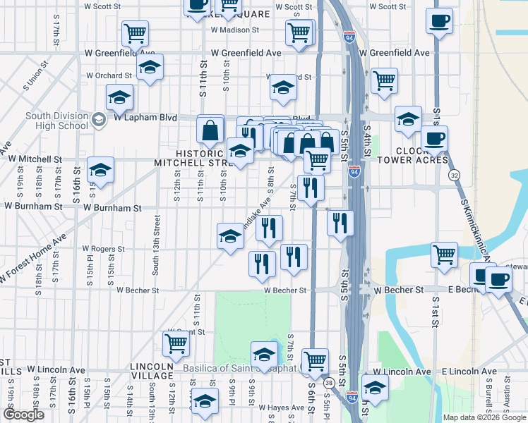map of restaurants, bars, coffee shops, grocery stores, and more near 827 West Windlake Avenue in Milwaukee
