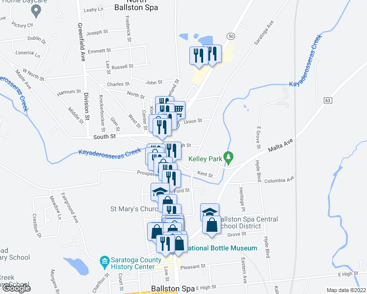 map of restaurants, bars, coffee shops, grocery stores, and more near 34 North High Street in Ballston Spa