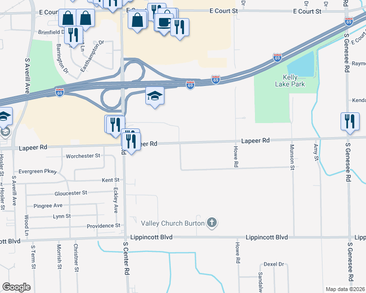 map of restaurants, bars, coffee shops, grocery stores, and more near 4138 Lapeer Road in Burton