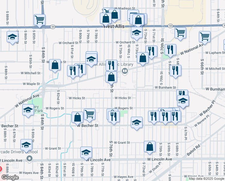 map of restaurants, bars, coffee shops, grocery stores, and more near 1925 South 75th Street in West Allis