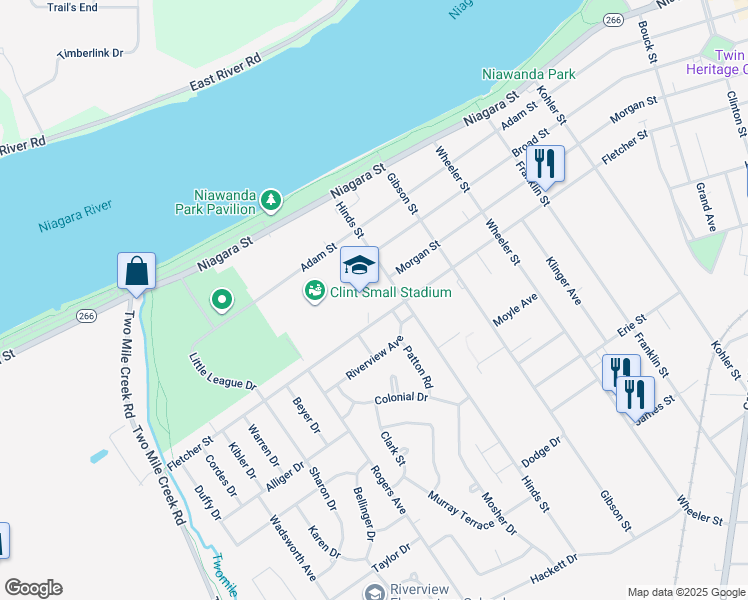 map of restaurants, bars, coffee shops, grocery stores, and more near 150 Hinds Street in Tonawanda