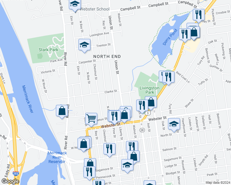 map of restaurants, bars, coffee shops, grocery stores, and more near 125 Ray Street in Manchester