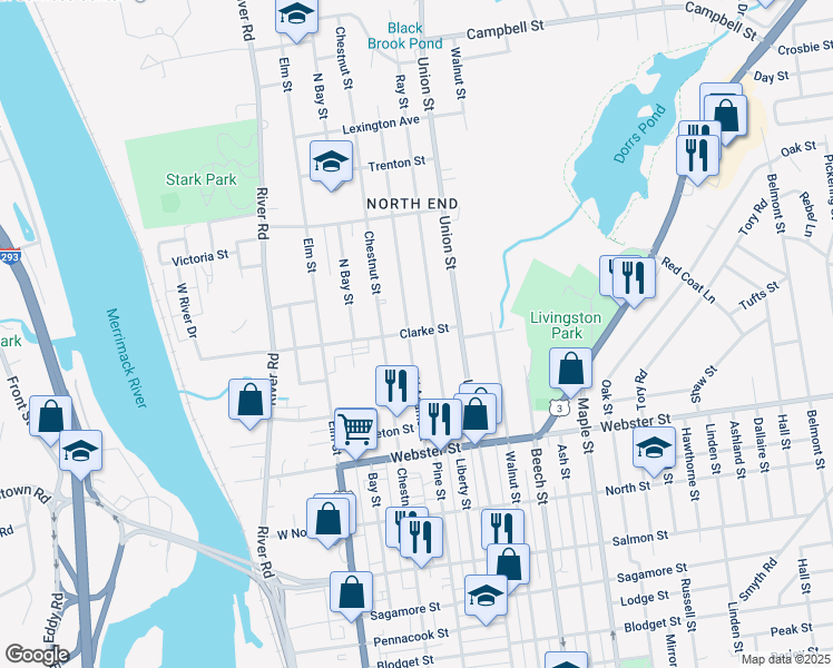 map of restaurants, bars, coffee shops, grocery stores, and more near 80 North Adams Street in Manchester