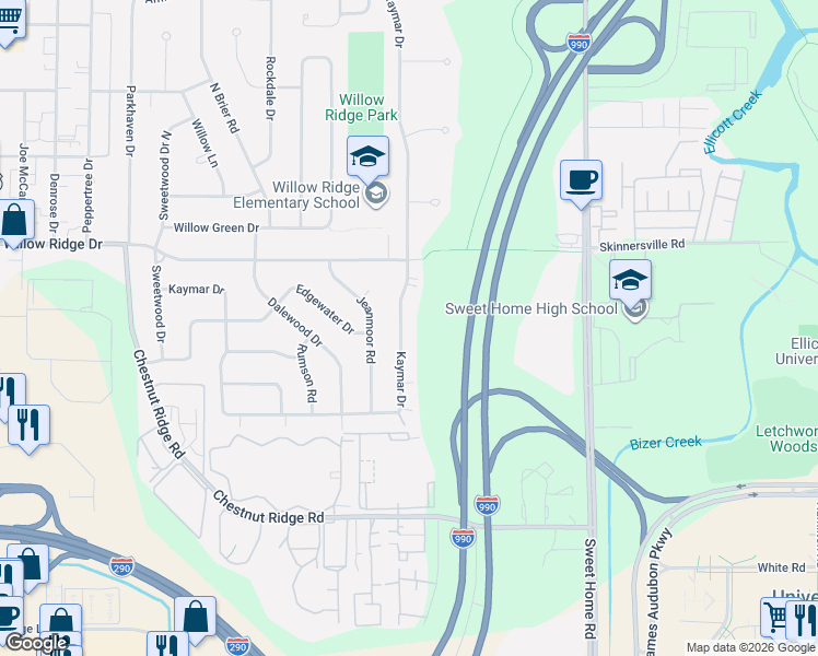 map of restaurants, bars, coffee shops, grocery stores, and more near 419 Kaymar Drive in Buffalo