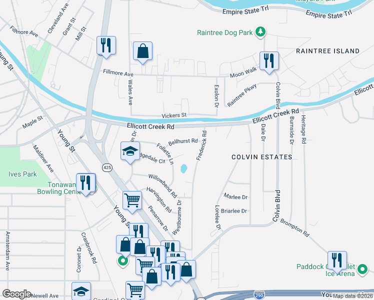 map of restaurants, bars, coffee shops, grocery stores, and more near 79 Ridgedale Circle in Tonawanda