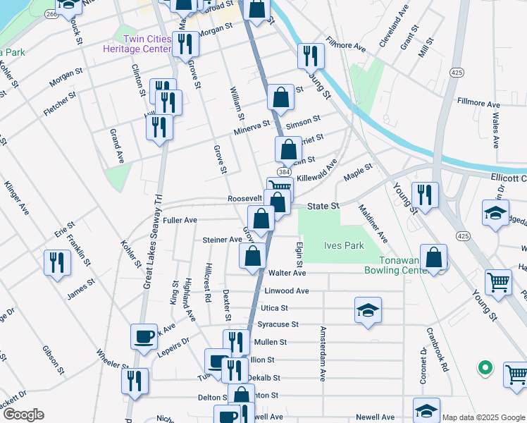 map of restaurants, bars, coffee shops, grocery stores, and more near 363 Delaware Street in Tonawanda
