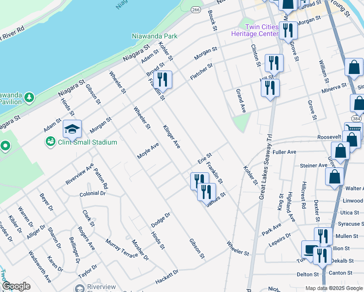 map of restaurants, bars, coffee shops, grocery stores, and more near 120 Klinger Avenue in Tonawanda
