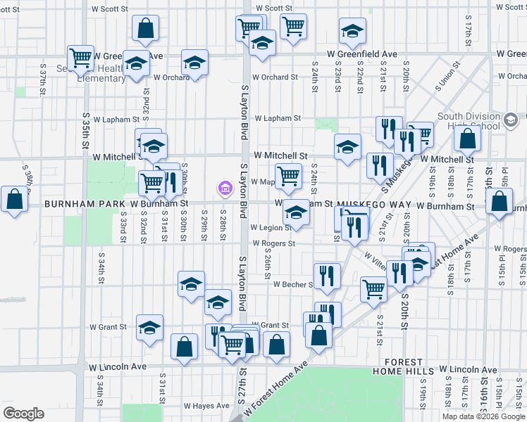 map of restaurants, bars, coffee shops, grocery stores, and more near 2602 West Legion Street in Milwaukee
