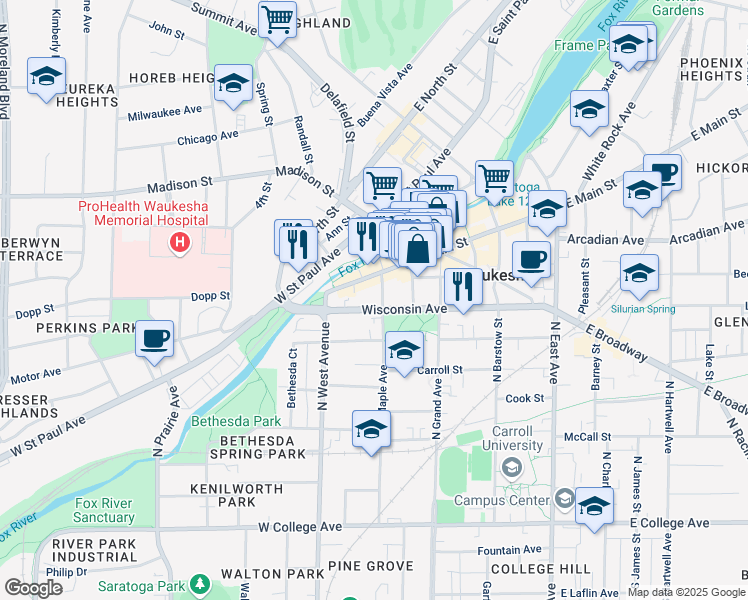 map of restaurants, bars, coffee shops, grocery stores, and more near 620 Maple Avenue in Waukesha
