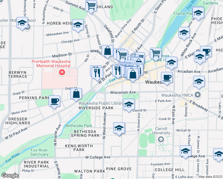 map of restaurants, bars, coffee shops, grocery stores, and more near 441 Wisconsin Avenue in Waukesha