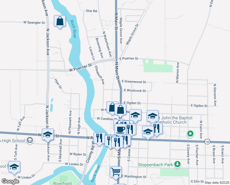 map of restaurants, bars, coffee shops, grocery stores, and more near 413 North Main Street in Jefferson
