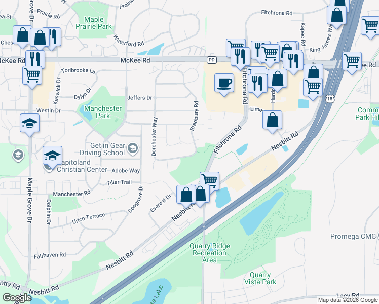 map of restaurants, bars, coffee shops, grocery stores, and more near 3342 Bradbury Road in Madison