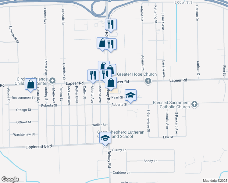 map of restaurants, bars, coffee shops, grocery stores, and more near 6000 Lapeer Road in Burton