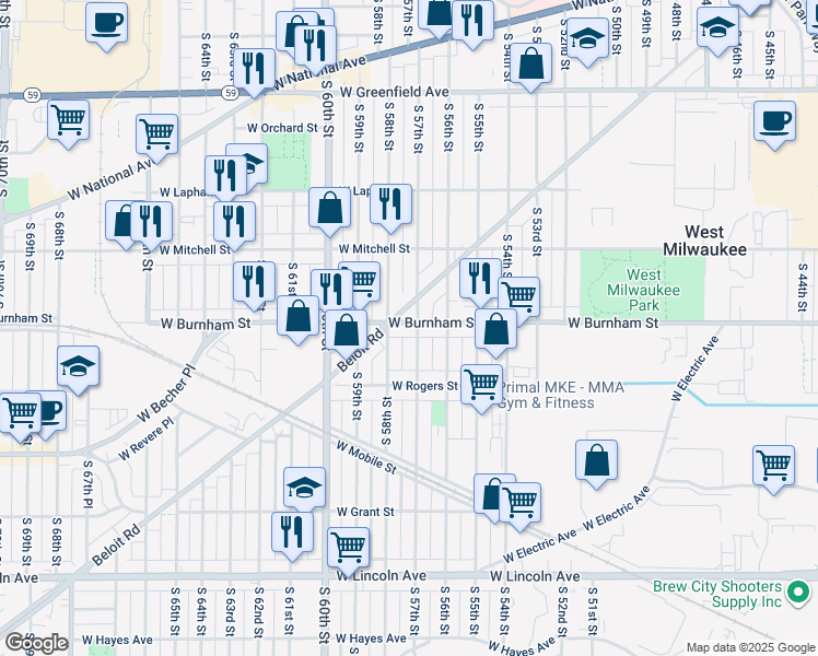 map of restaurants, bars, coffee shops, grocery stores, and more near 1925 South 57th Street in West Allis