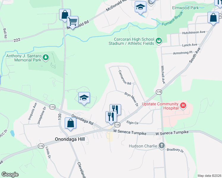 map of restaurants, bars, coffee shops, grocery stores, and more near 4926 Macgregor Lane in Syracuse