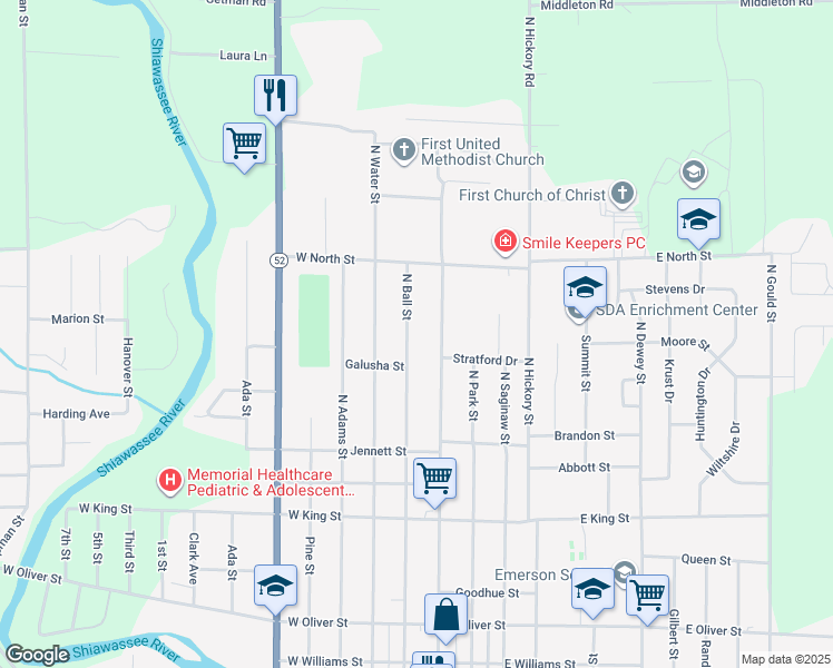 map of restaurants, bars, coffee shops, grocery stores, and more near 1219 North Washington Street in Owosso