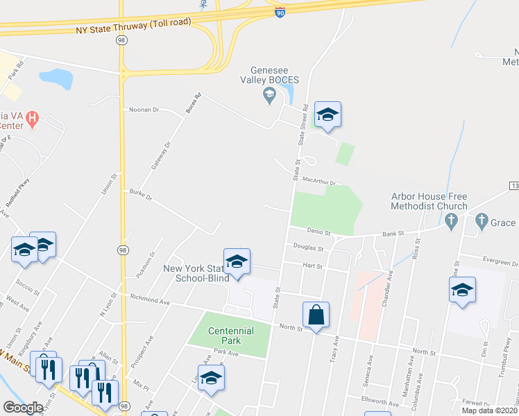 map of restaurants, bars, coffee shops, grocery stores, and more near 257 State Street in Batavia