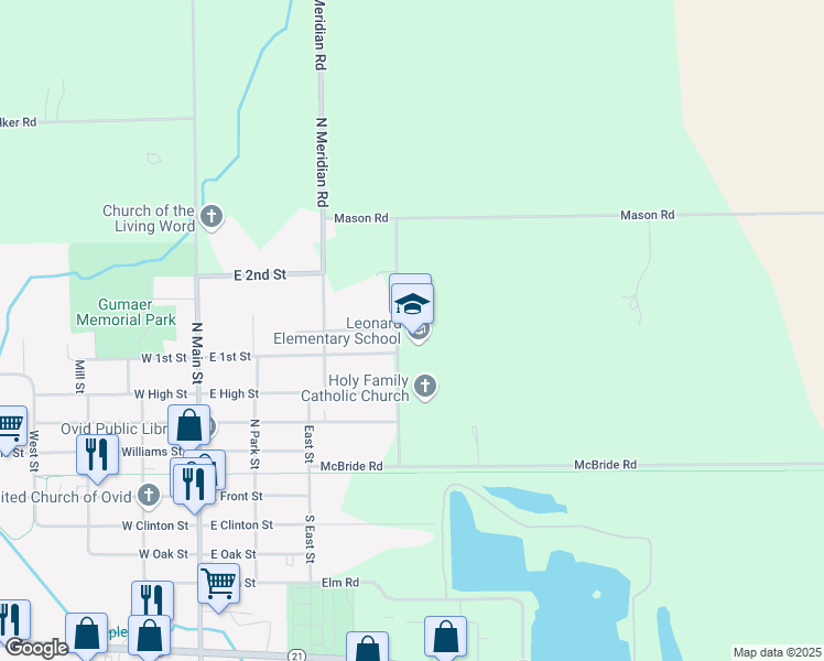 map of restaurants, bars, coffee shops, grocery stores, and more near 732 Mabbit Road in Ovid
