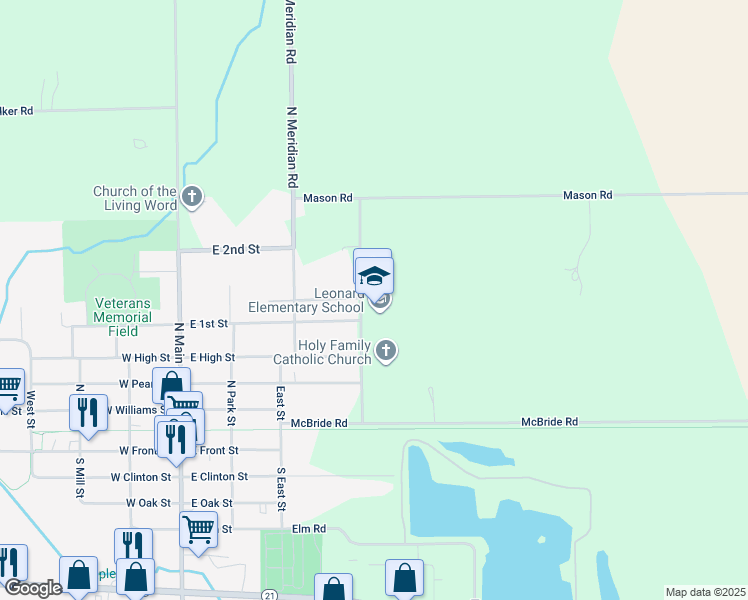 map of restaurants, bars, coffee shops, grocery stores, and more near 732 Mabbit Road in Ovid