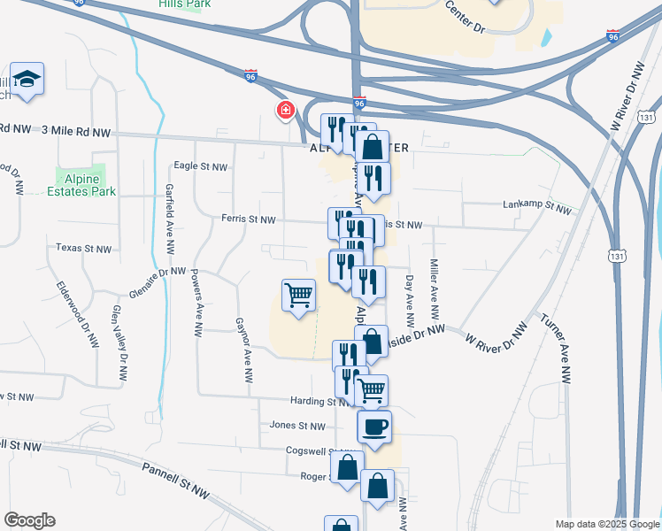map of restaurants, bars, coffee shops, grocery stores, and more near 2515 Alpine Avenue Northwest in Grand Rapids
