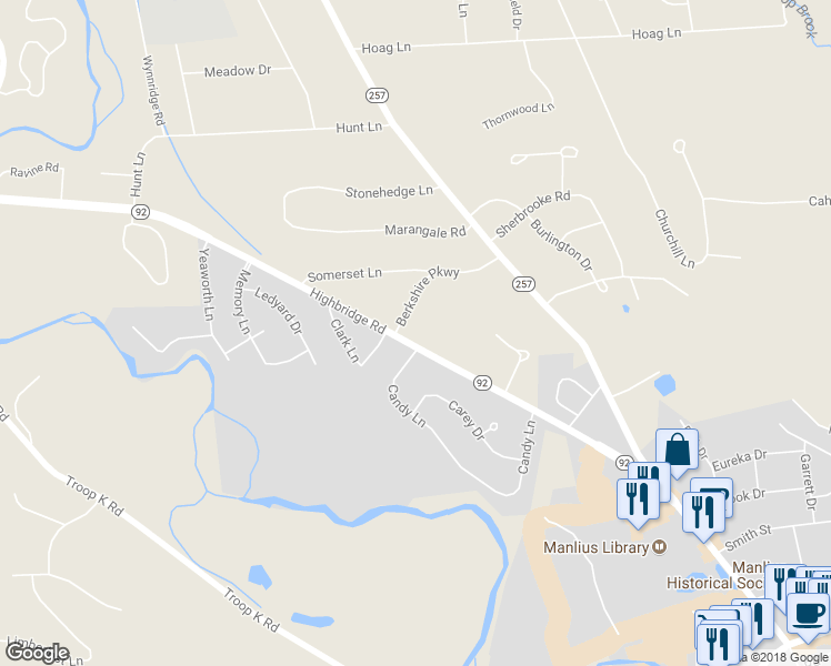 map of restaurants, bars, coffee shops, grocery stores, and more near 7549 Highbridge Road in Manlius