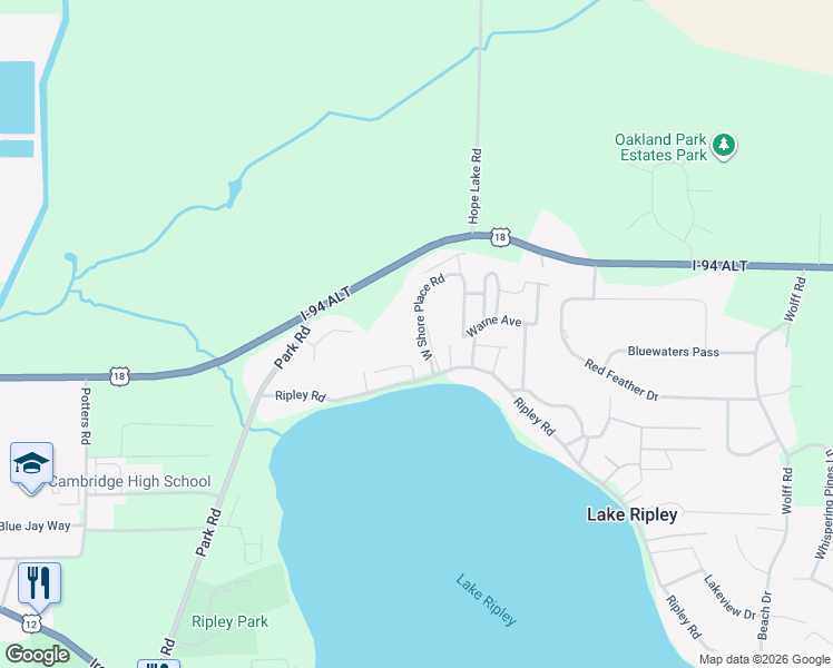 map of restaurants, bars, coffee shops, grocery stores, and more near N4517 West Shore Place Road in Cambridge