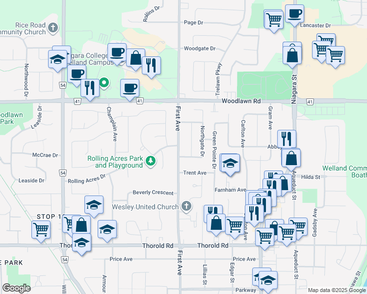 map of restaurants, bars, coffee shops, grocery stores, and more near 335 First Avenue in Welland
